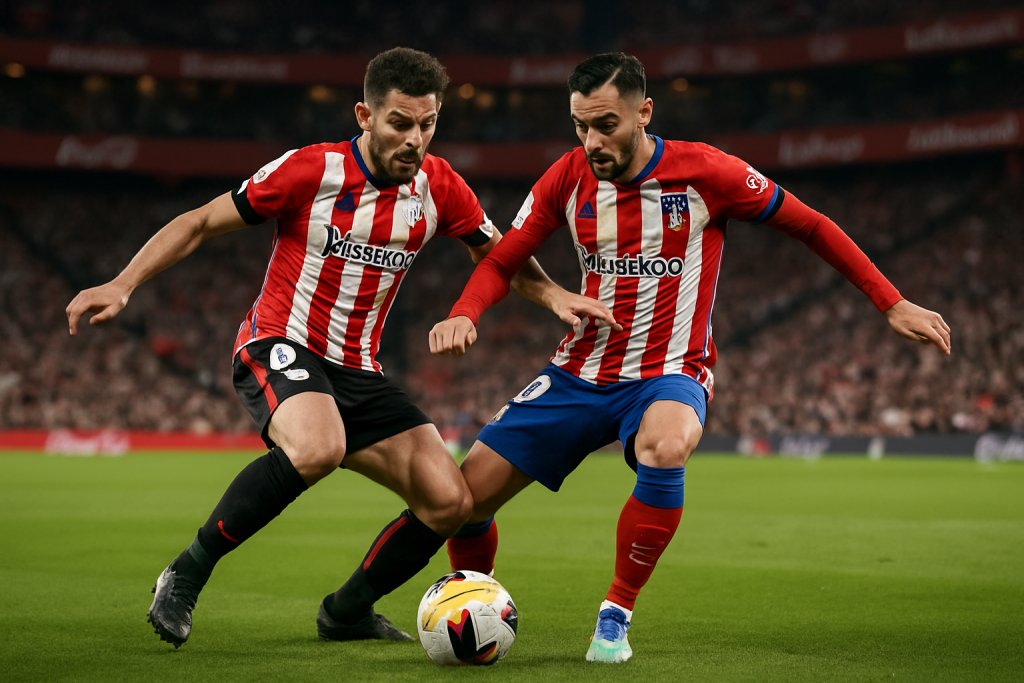 Partido intenso entre Athletic Club y Atlético de Madrid en San Mamés, con ambiente de competición clave