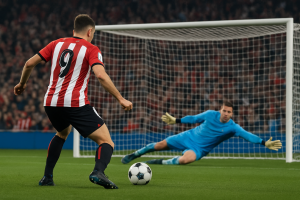 Futbolista ficticio del Athletic Club fallando un penalti ante Deportivo Alavés en un partido de dominio local sin