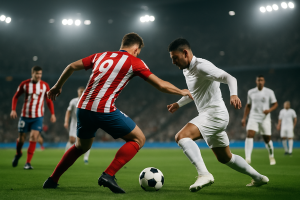 Acción de derbi madrileño entre Atlético de Madrid y Real Madrid en LaLiga 2026, partido cargado de tensión