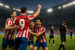 Celebración de futbolistas genéricos del Atlético de Madrid tras golear a Osasuna en el estadio Metropolitano