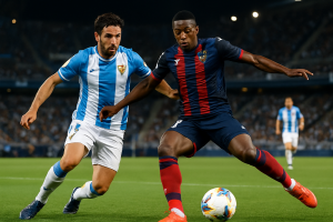 Acción intensa del partido Málaga Levante en La Rosaleda, con empate sin goles y ambiente de tensión