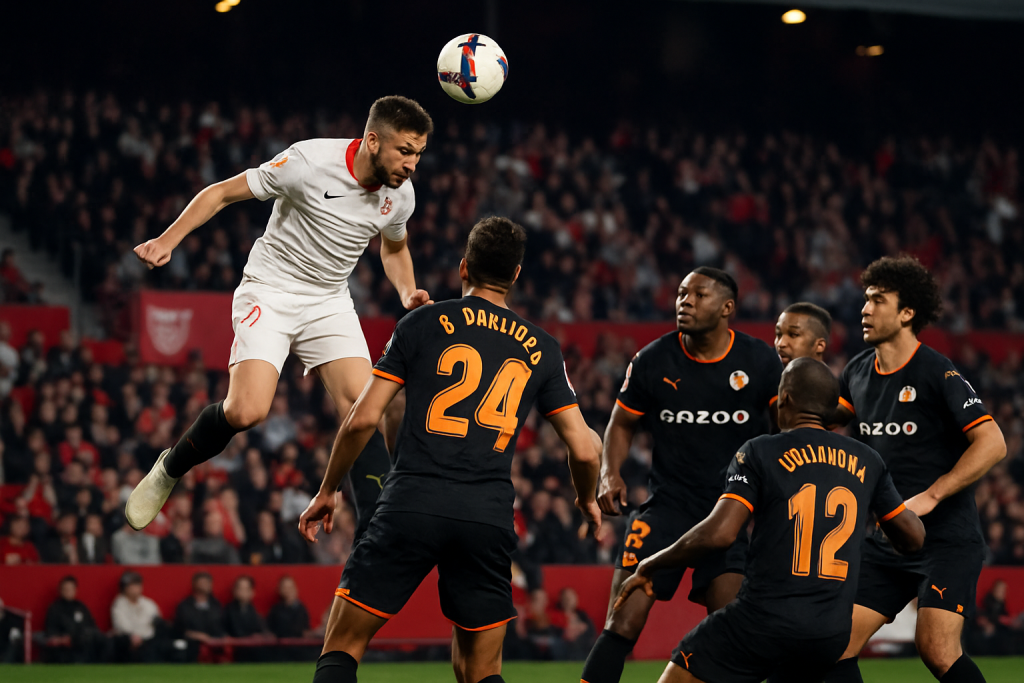 Gol de cabeza de un jugador del Sevilla ante el Valencia en partido de LaLiga en el Sánchez