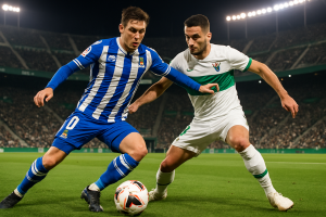 Disputa intensa entre jugadores de Elche y Real Sociedad durante un partido vibrante en el estadio Martínez Valero