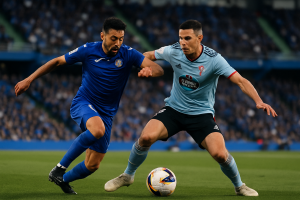 Jugada de Getafe y Celta durante su partido de LaLiga EA Sports en el Coliseum Alfonso Pérez