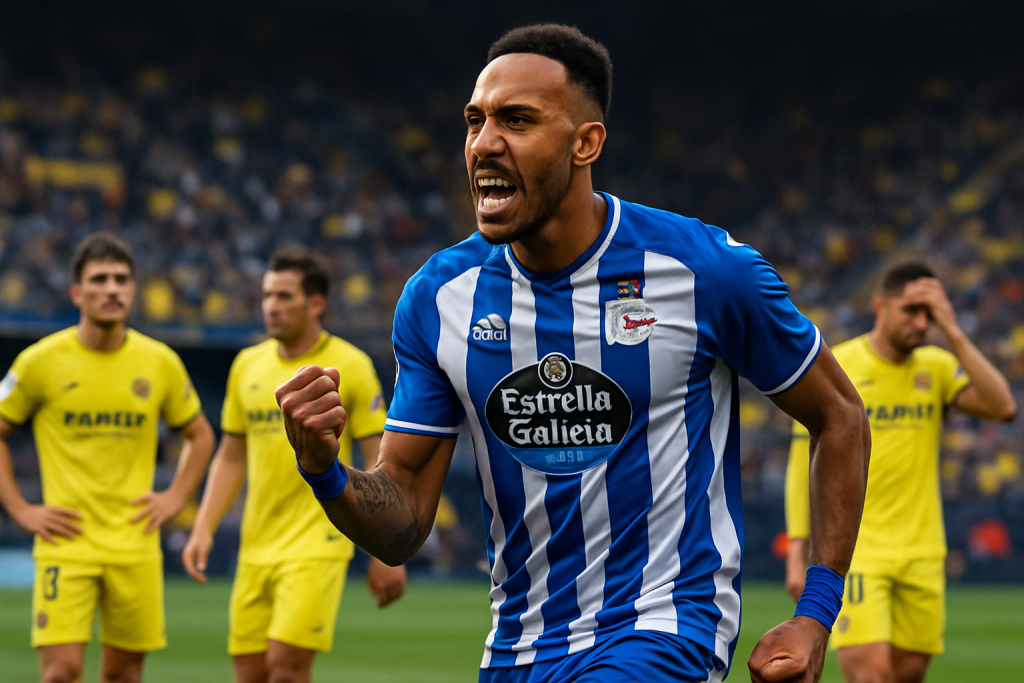 Aubameyang celebra la remontada del Deportivo de La Coruña ante el Villarreal en La Cerámica