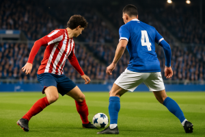 Acción entre jugadores ficticios de Alavés y Atlético de Madrid en Mendizorroza durante un partido clave de LaLiga
