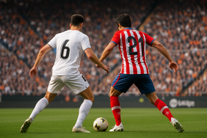 Jugadores genéricos de Valencia y Athletic Club disputando el balón en un partido sin goles de LaLiga